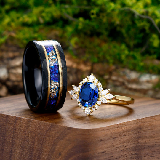 Antique Blue Sapphire Engagement Cluster Personalized Couples' Set Tingsten Matching Rings