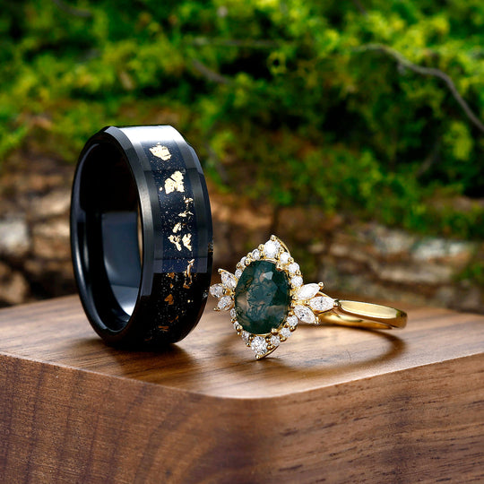 Prong Setting Moss Agate Floral Couples Ring Matching Gold Leaf Black Tungsten Wedding Ring