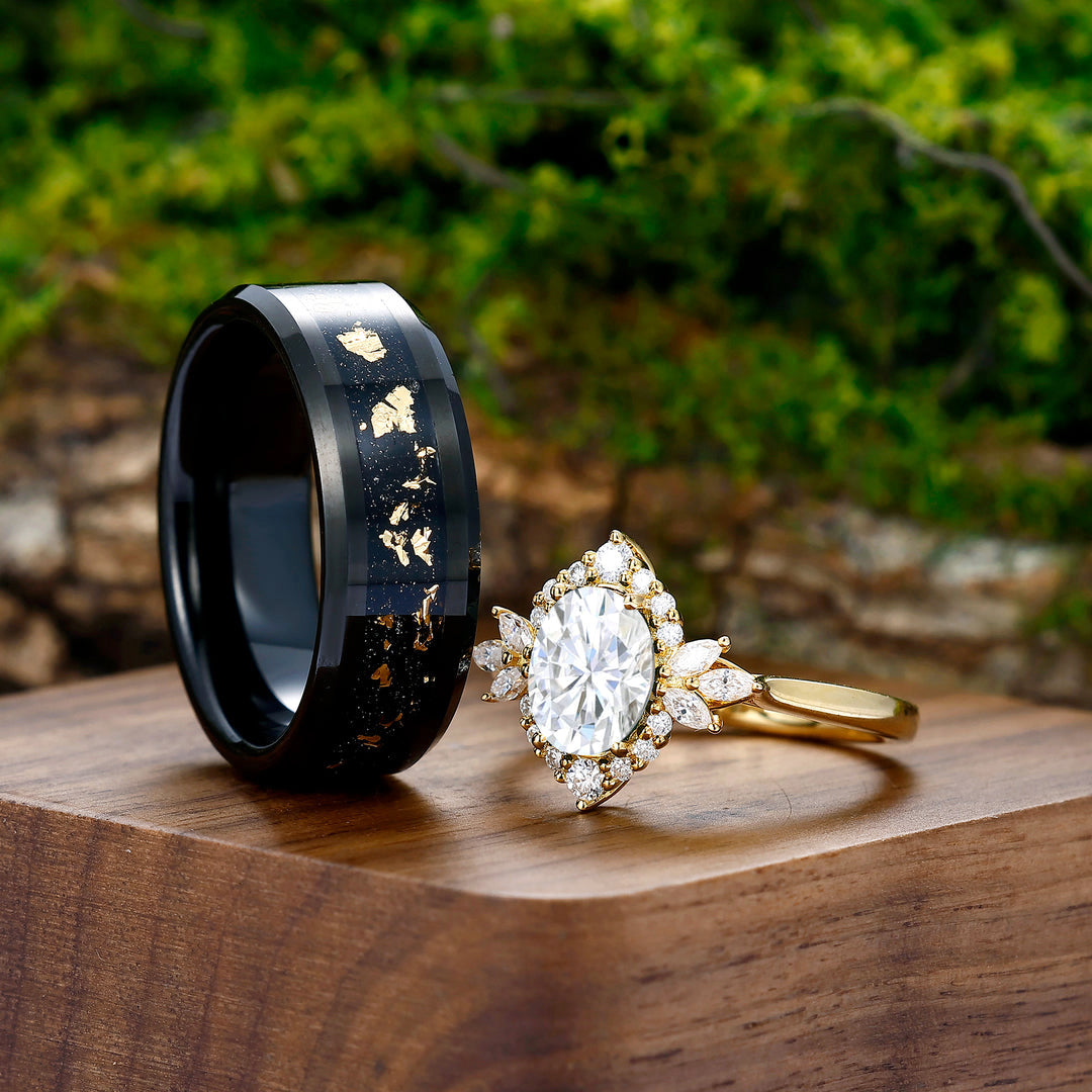 Cluster 1.5CT Moissanite Ring Matching Gold Leaf Black Tungsten Personalized Couples Set