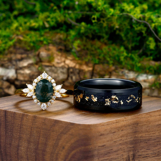 Prong Setting Moss Agate Floral Couples Ring Matching Gold Leaf Black Tungsten Wedding Ring