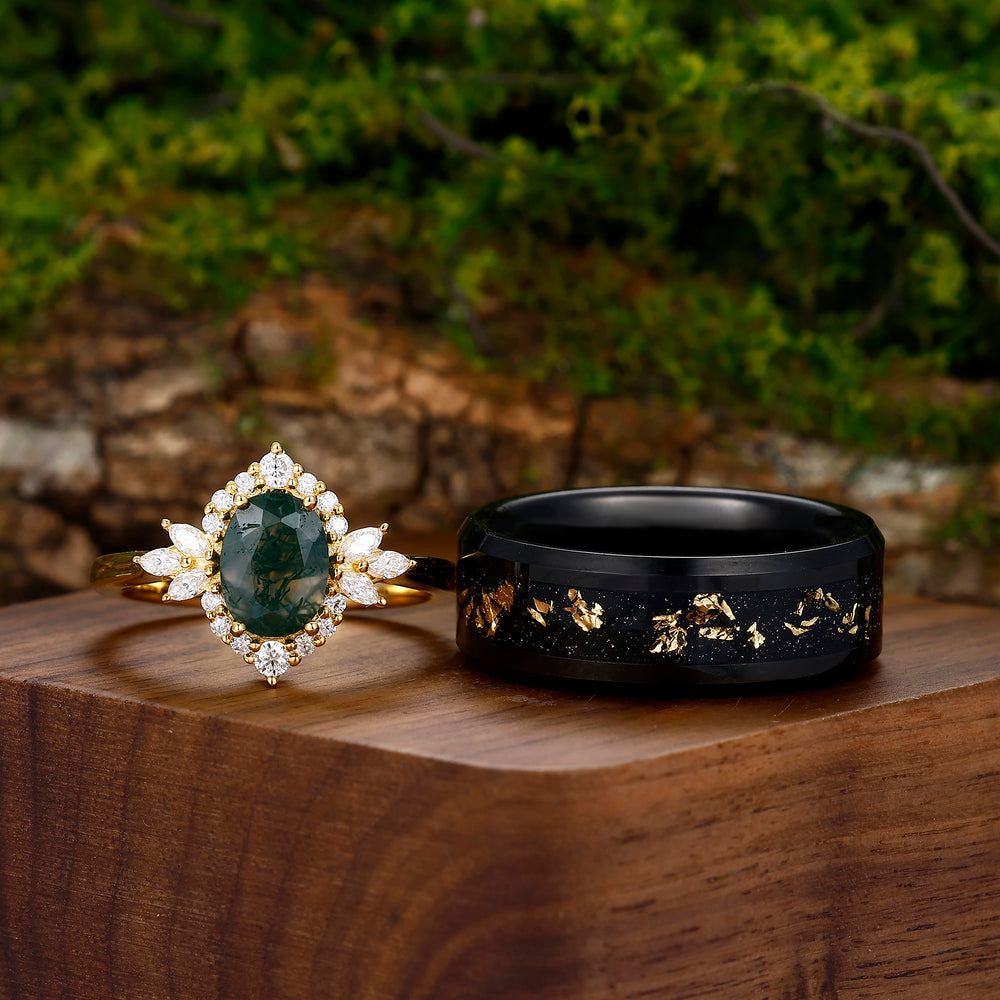 Prong Setting Moss Agate Floral Couples Ring Matching Gold Leaf Black Tungsten Wedding Ring