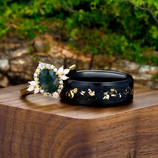 Prong Setting Moss Agate Floral Couples Ring Matching Gold Leaf Black Tungsten Wedding Ring