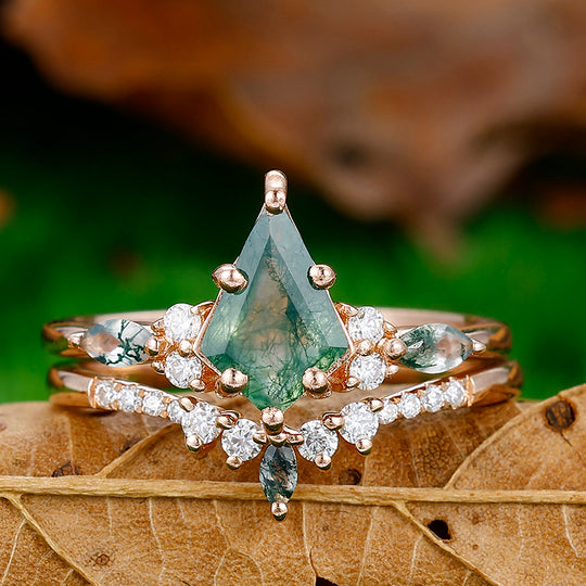 1.35CT Kite Cut Moss Agate Engagement Ring Set Women Dainty Anniversary Ring Set