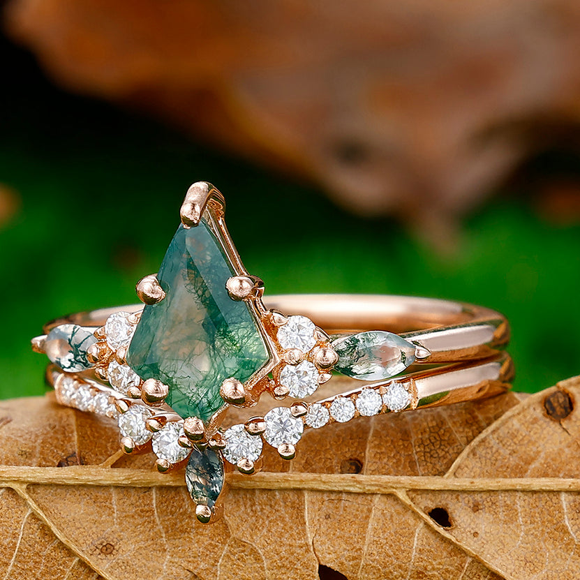 1.35CT Kite Cut Moss Agate Engagement Ring Set Women Dainty Anniversary Ring Set