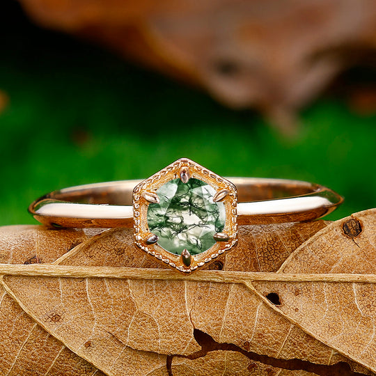 Solitaire 1CT Round Cut Moss Agate Engagement Brida Ring Hexagonal Shape Silver Gold Women Fine Ring