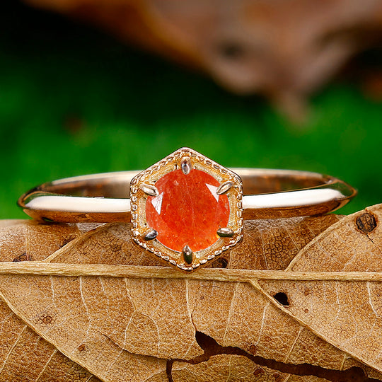 Solitaire 0.5CT Round Cut Natural Sunstone Engagement Ring Anniversary Bridal Ring Gift