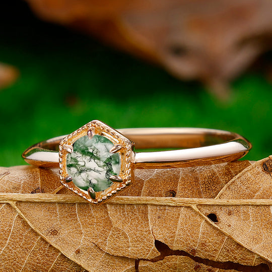 Solitaire 1CT Round Cut Moss Agate Engagement Brida Ring Hexagonal Shape Silver Gold Women Fine Ring