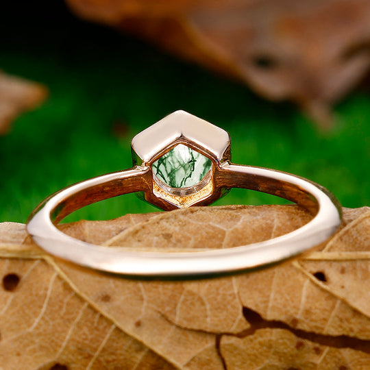 Solitaire 1CT Round Cut Moss Agate Engagement Brida Ring Hexagonal Shape Silver Gold Women Fine Ring