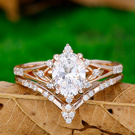 1.50CT Split Shanke Oval Cut Moissanite Engagement Ring Set Bridal Wedding Band Set