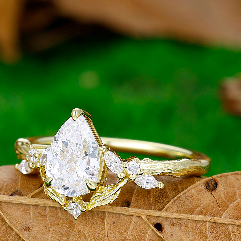 Unique Pear Cut Moissanite Engagement Leaf Ring Women