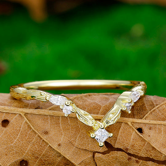 Unique Leaf Matching Ring Curved V Shape 14k Yellow Gold Wedding Band