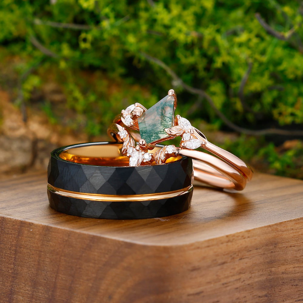 Unique Kite Cut Moss Agate Couples Ring Set Silver And Fluted Rhombic Tungsten Matching Ring