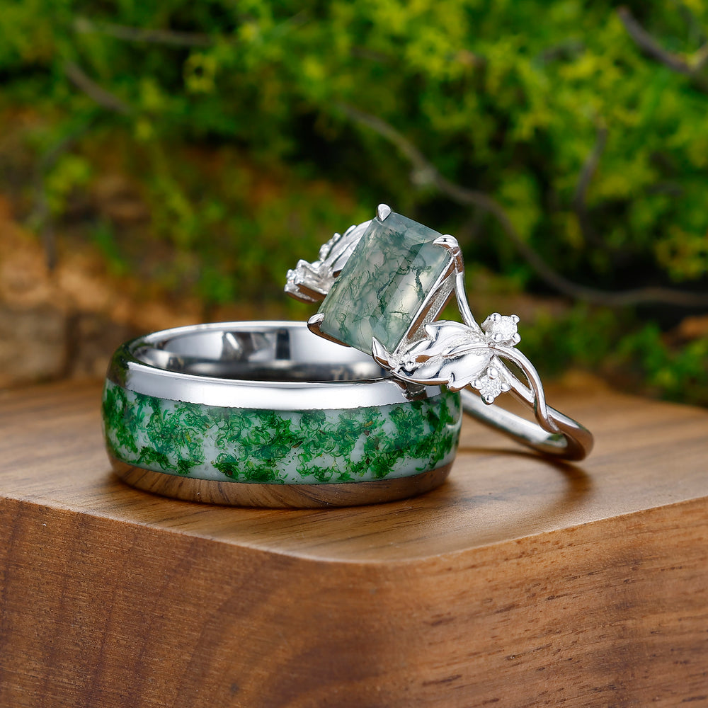 2.5CT Emerald Cut Moss Agate Couples Ring Set Silver And Moss Agate Polished Tungsten Matching Ring