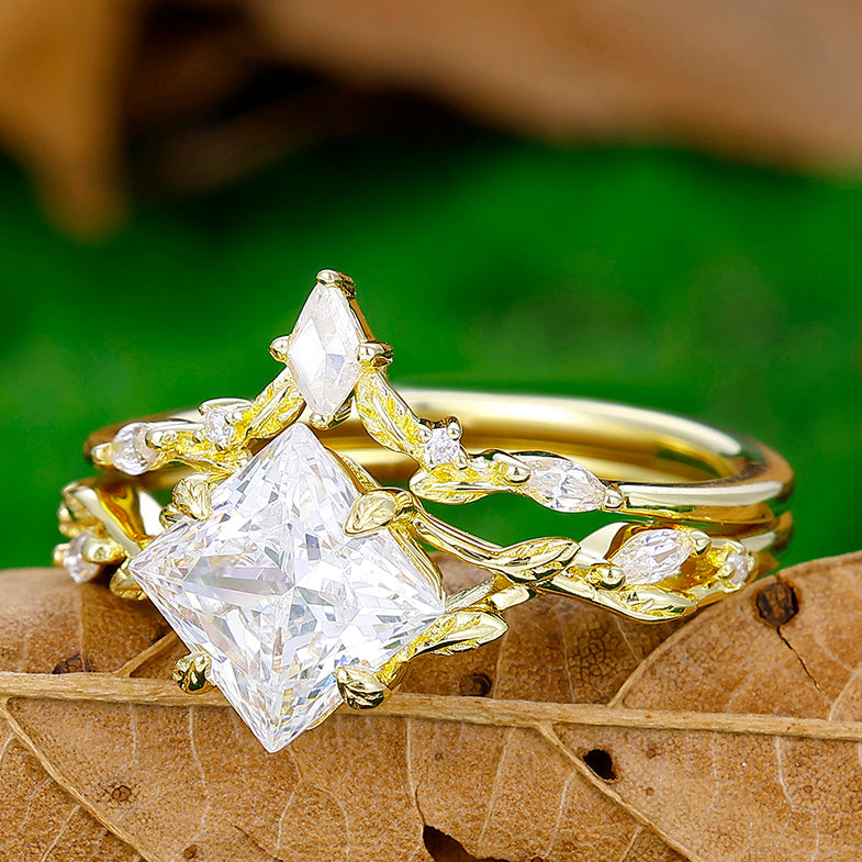 Special 2CT Princess Cut Moissanite Engagement Leafs Ring Set Women Wedding Band Set