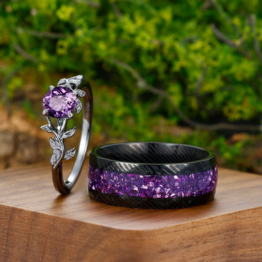 0.8CT Round Cut Natural Amethyst Leaf Engagement Couples Ring Set