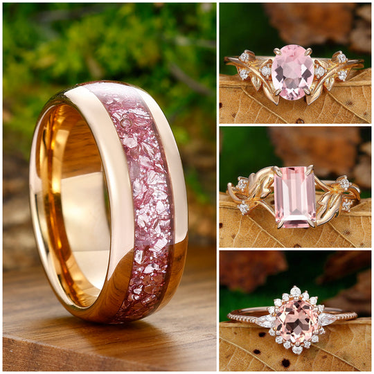 Men's Band  925 Silver Rose Gold Women's Ring with Morganite Gemstone His and Hers Tungsten Couples Ring Set