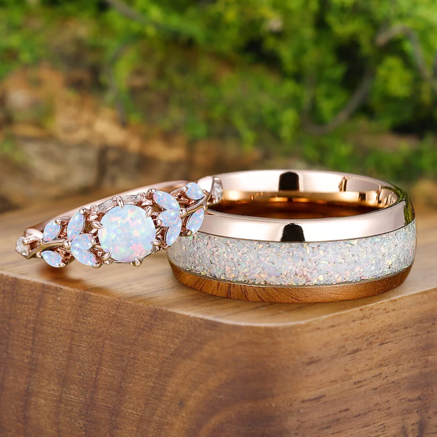 Leaf Design Pink White Opal Couples Ring Set Rose Gold Plated