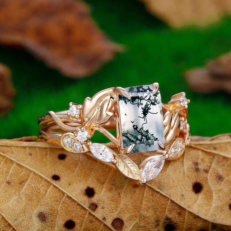 2.50CT Emerald Cut Moissanite Ring Set Natrue Inspried Moissanite Leaf Design