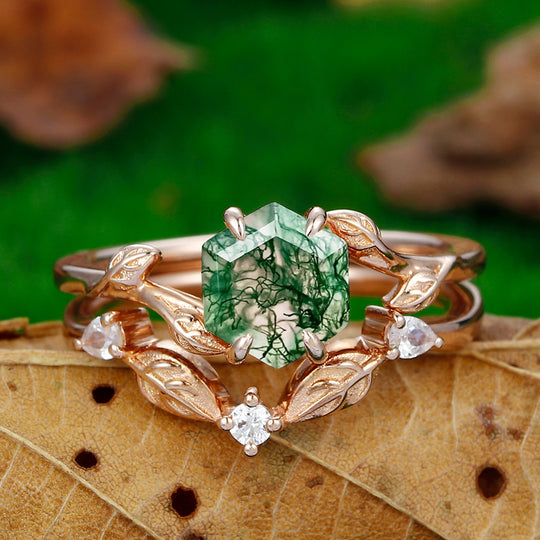 1.35 CT 14k  Rose Gold Art Deco  Hexagon Cut Natural Moss Agate Engagement Ring Set