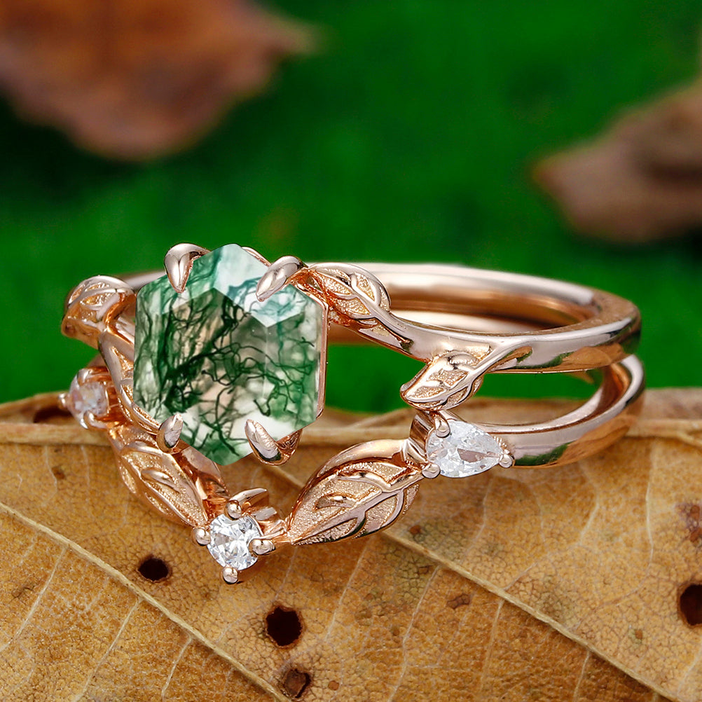 1.35 CT 14k  Rose Gold Art Deco  Hexagon Cut Natural Moss Agate Engagement Ring Set