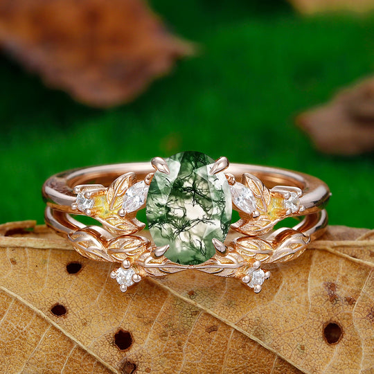 1.5 CT Oval Cut 18k Rose Gold Art Deco Leaf Stackable  Natural Moss Agate Engagement Ring Set