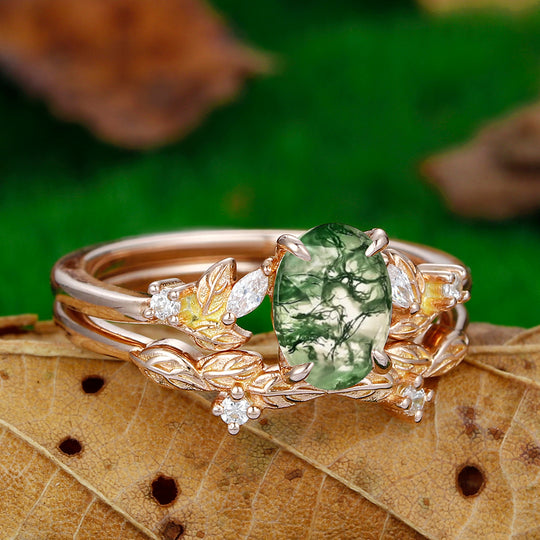 1.5 CT Oval Cut 18k Rose Gold Art Deco Leaf Stackable  Natural Moss Agate Engagement Ring Set