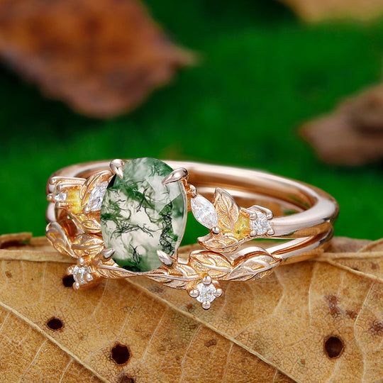 1.5 CT Oval Cut 18k Rose Gold Art Deco Leaf Stackable  Natural Moss Agate Engagement Ring Set