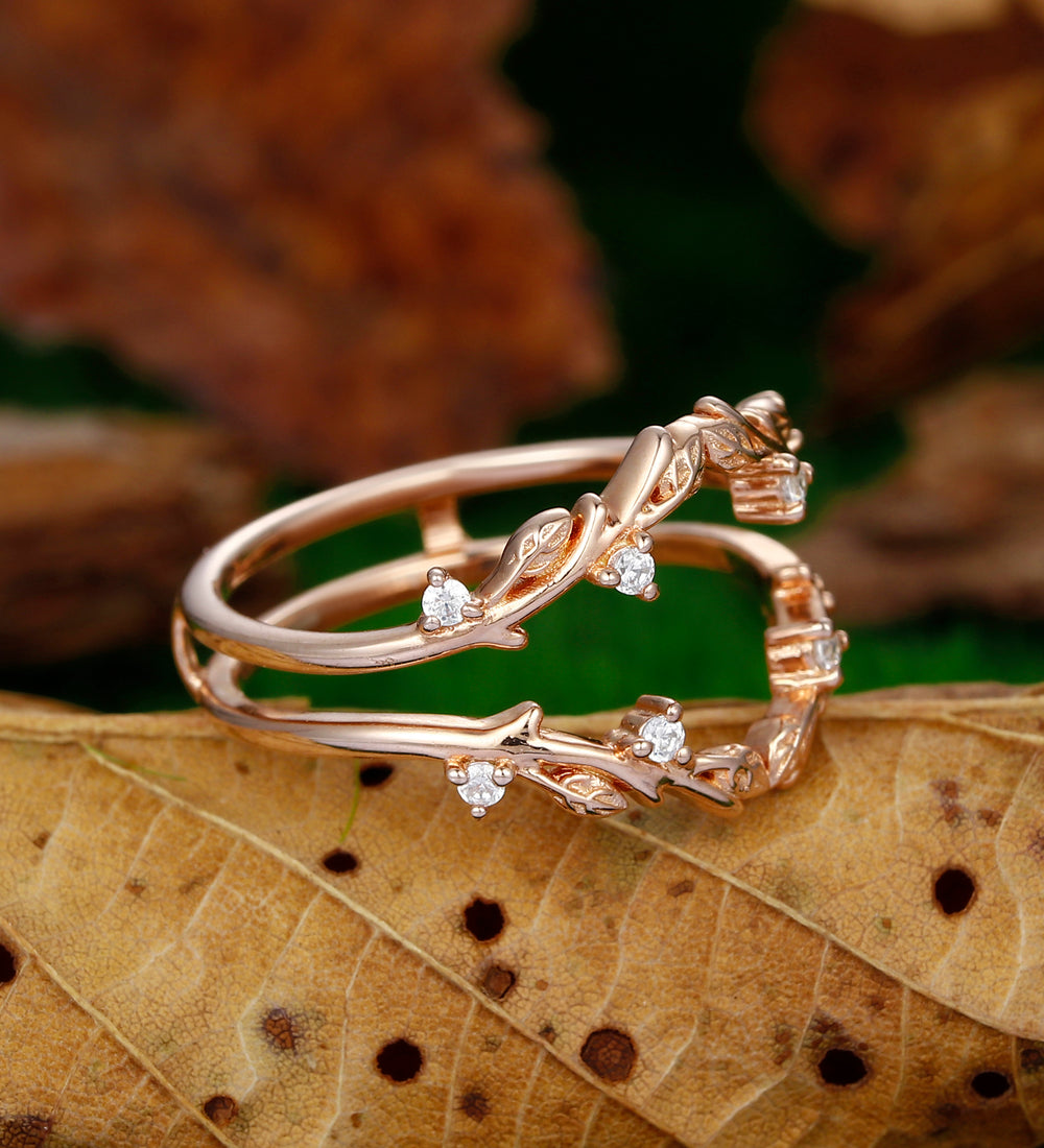 Art Deco Leaf Rose Gold Ring Matching Stacking Curved Moissanite Ring