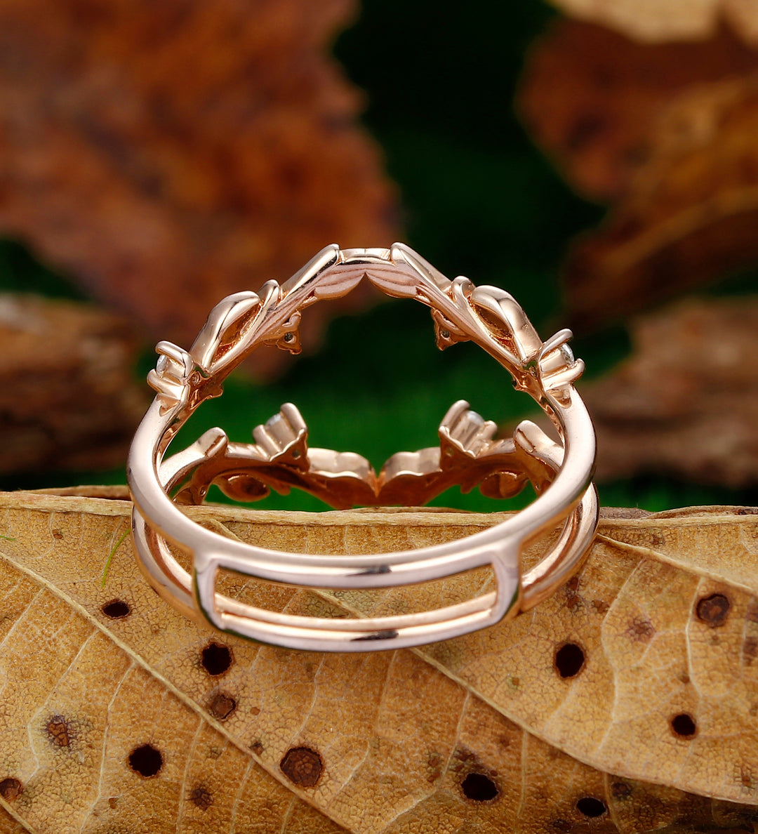 Art Deco Leaf Rose Gold Ring Matching Stacking Curved Moissanite Ring