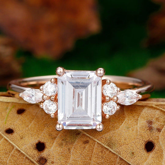 2 Carat Emerald Cut Moissanite 14k Rose Gold Promise Wedding Ring