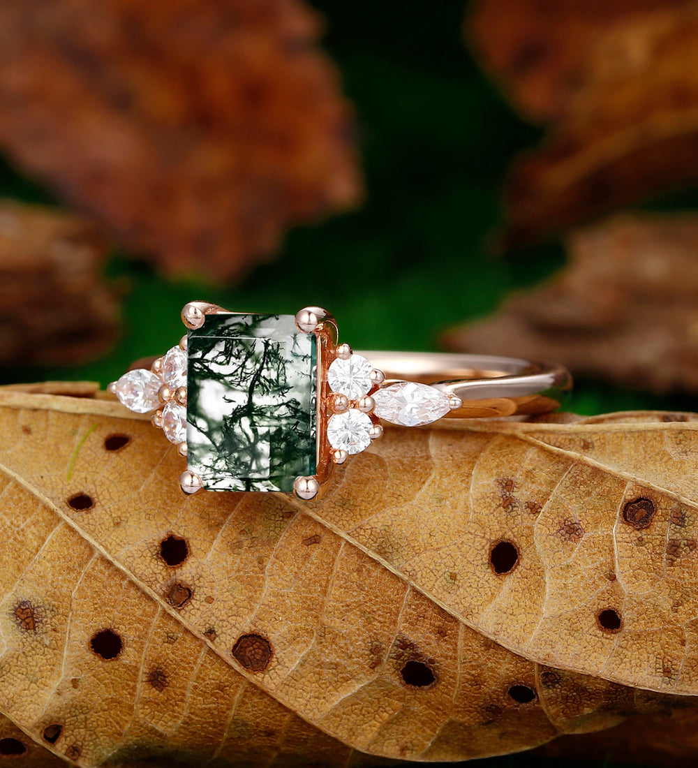 Vintage 2CT Emerald Cut Natural Moss Agate  Dainty Cluster Moissanite Wedding Ring