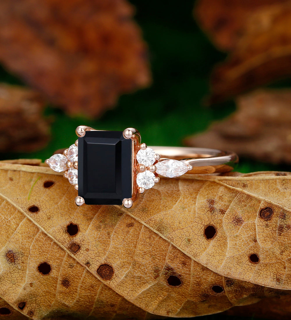 2CT Emerald Cut 14k Soild Gold  Natural Black Onyx Engagement Wedding Ring
