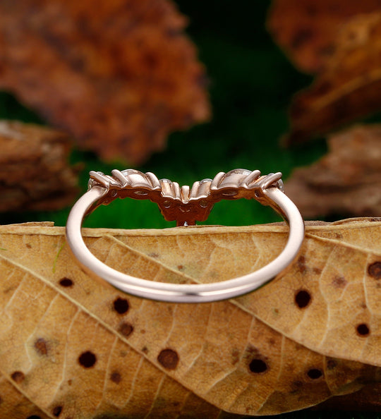 Leaf Rose Gold Ring Matching Stacking Curved Moissanite Ring