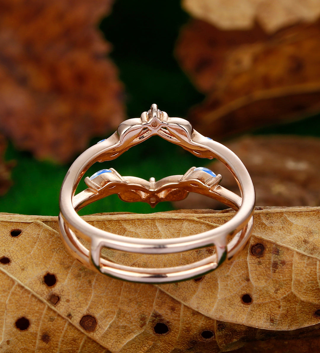 Art Deco Natural Moonstone&Moissanite Wedding Promise Ring Nesting Band