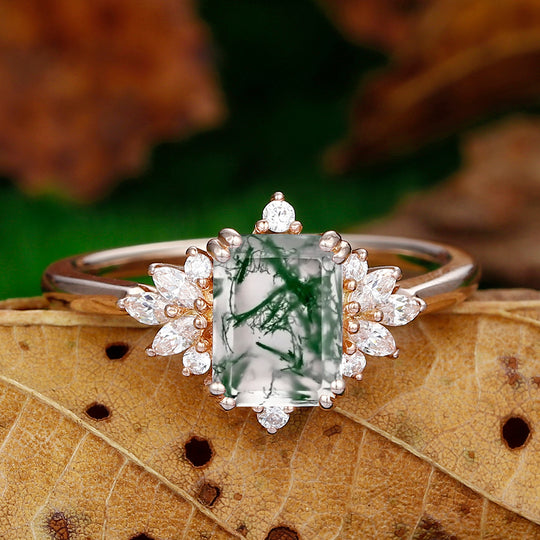 Moss Agate Ring Emerald Cut 2CT Moss Agate Rose Gold Unique Floral Halo Engagement Ring