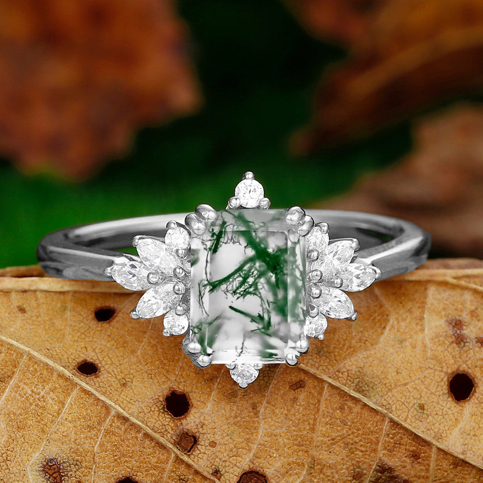 Moss Agate Ring Emerald Cut 2CT Moss Agate Rose Gold Unique Floral Halo Engagement Ring