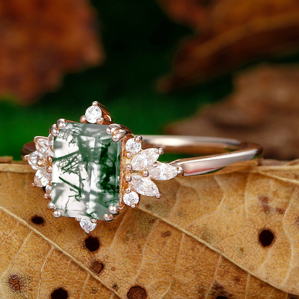 Moss Agate Ring Emerald Cut 2CT Moss Agate Rose Gold Unique Floral Halo Engagement Ring