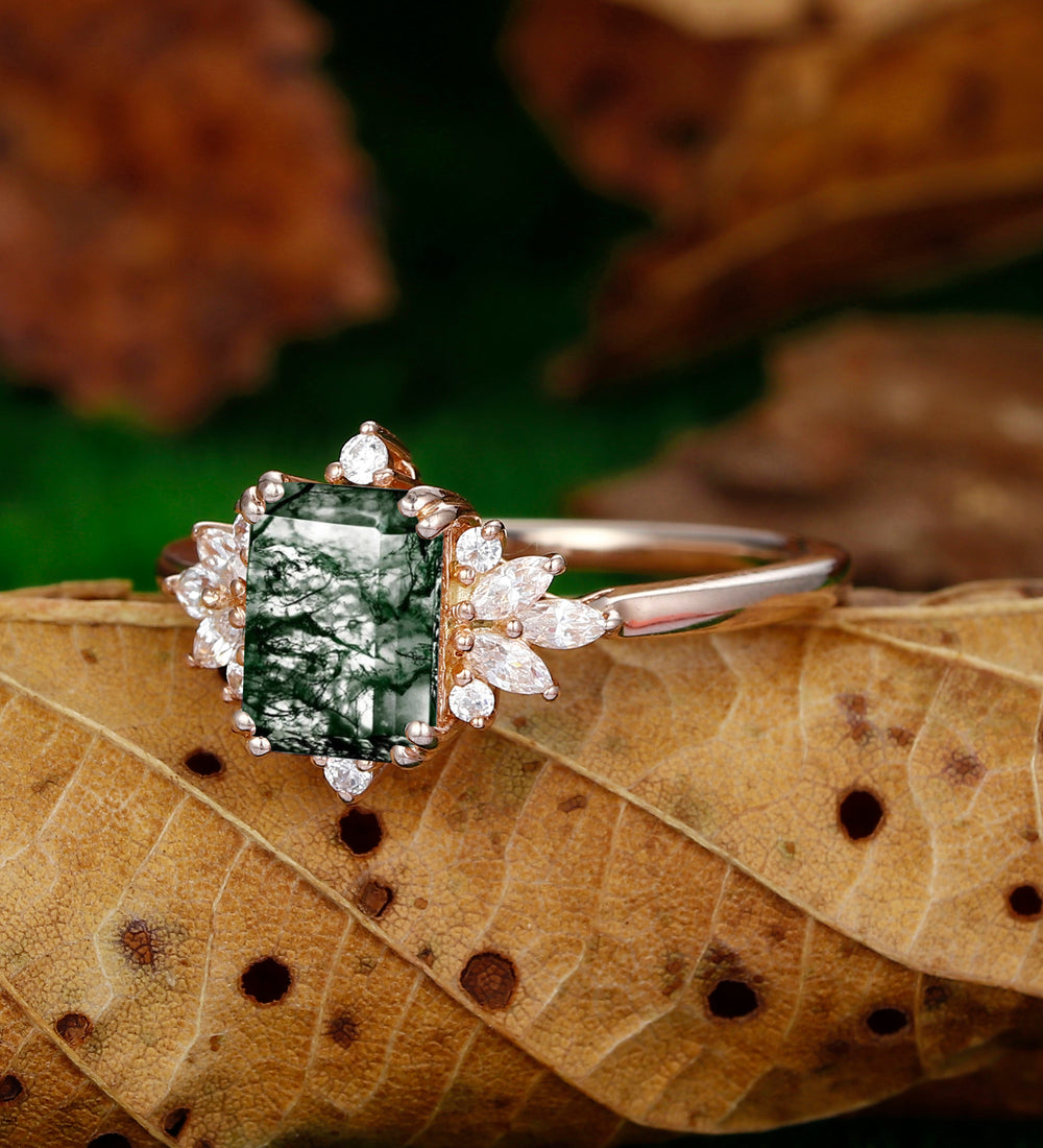 Moss Agate Ring Emerald Cut 2CT Moss Agate Rose Gold Unique Floral Halo Engagement Ring