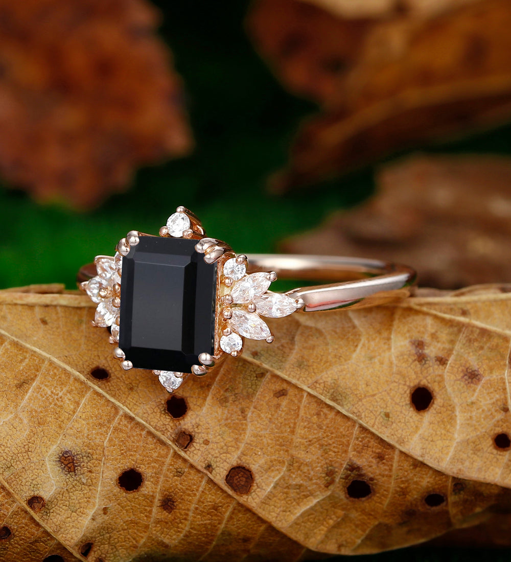 Floral Cluster 2CT Natural Black Onyx  Art Deco Emerald Cut Black Gemstone Bridal  Ring