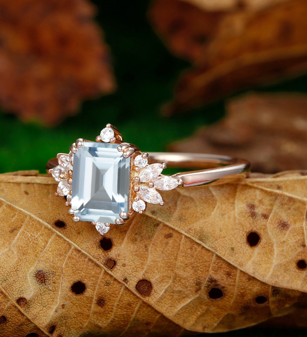 Antique Emerald Cut 2CT Aquamarine  Simulated Diamond Cluster Engagement  Wedding Ring