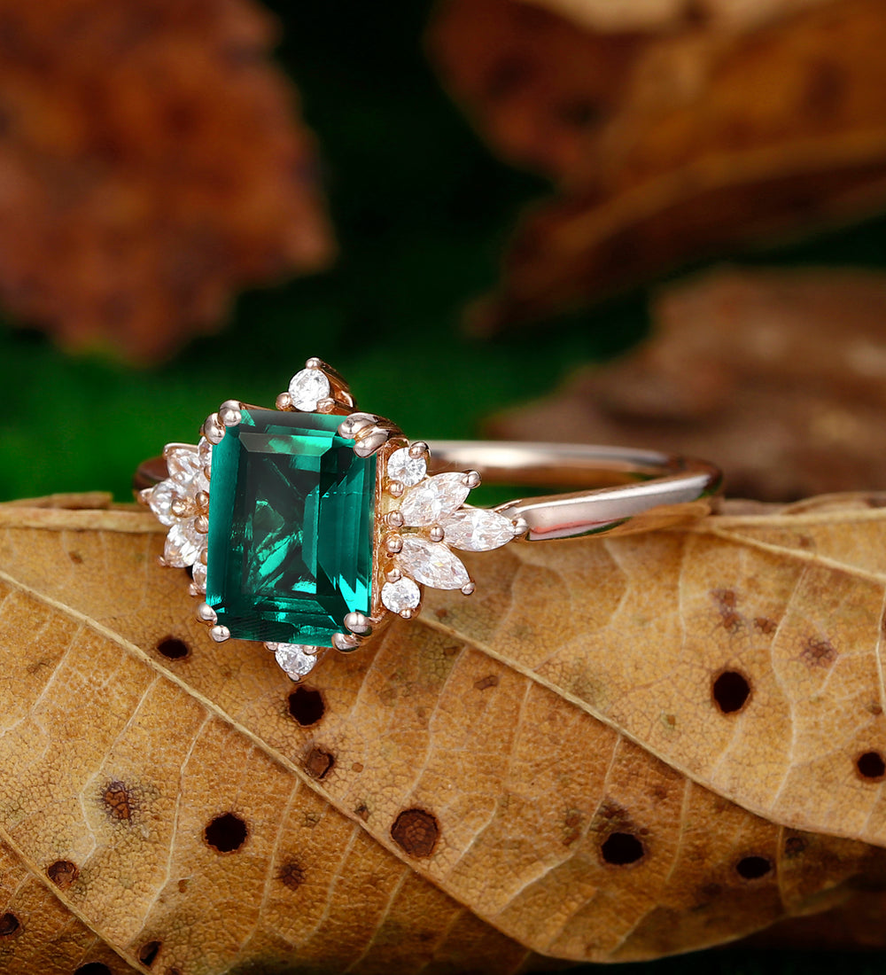 Vintage 2CT Emerald Cut lab created Green Emerald Moissanite Wedding  Ring