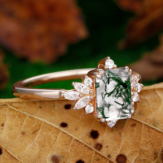 Moss Agate Ring Emerald Cut 2CT Moss Agate Rose Gold Unique Floral Halo Engagement Ring