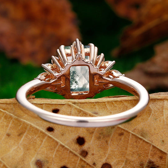 Moss Agate Ring Emerald Cut 2CT Moss Agate Rose Gold Unique Floral Halo Engagement Ring