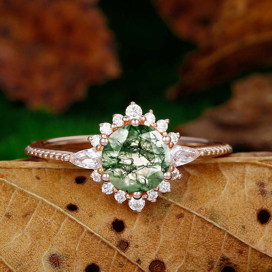 Dainty 7mm Round Shaped Natural Moss Agate Ring Sunbrust Ring Halo Moissanite Engagement Ring