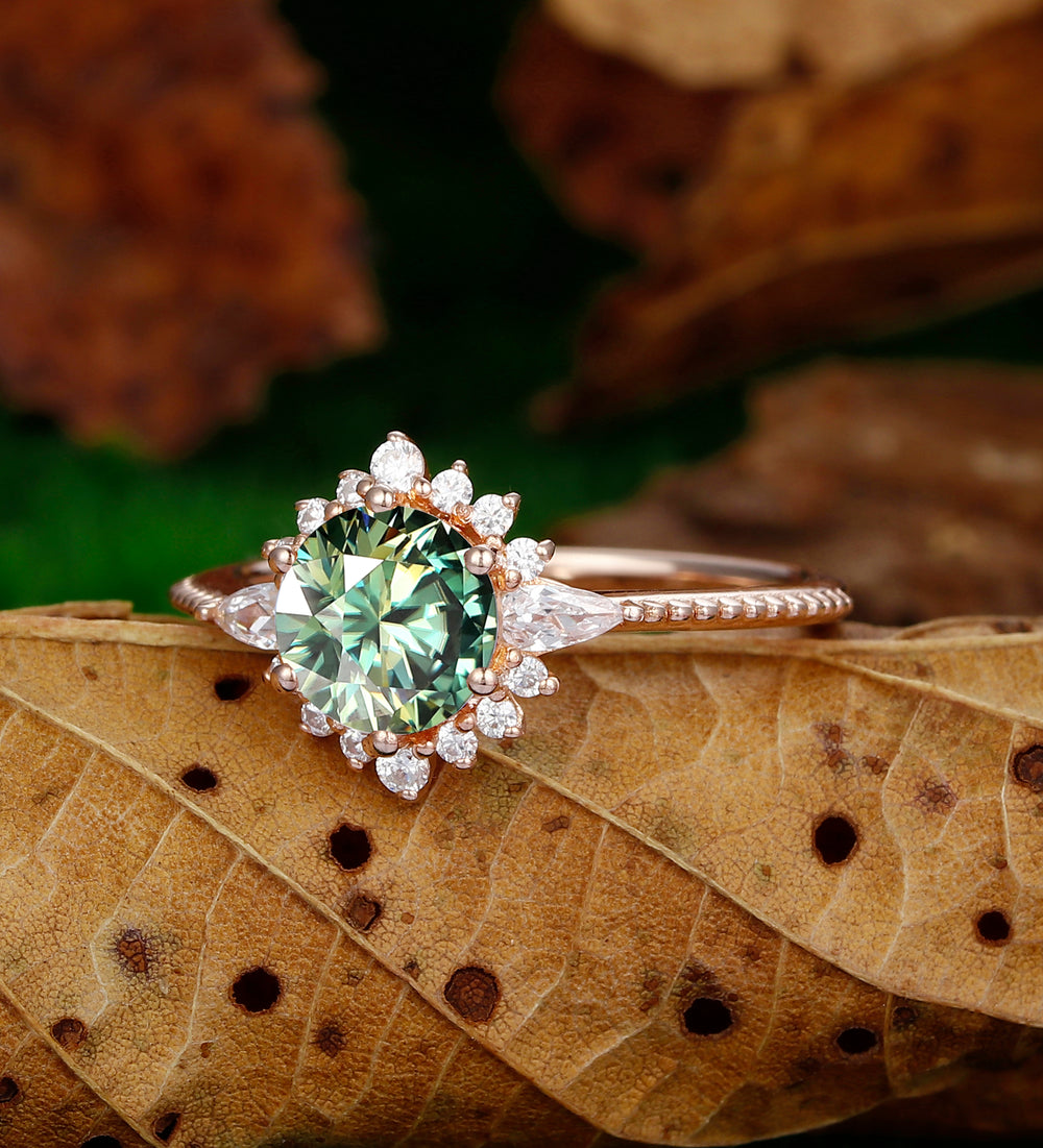 1.25Carat Teal  round green moissanite marquise rose gold retro anniversary ring
