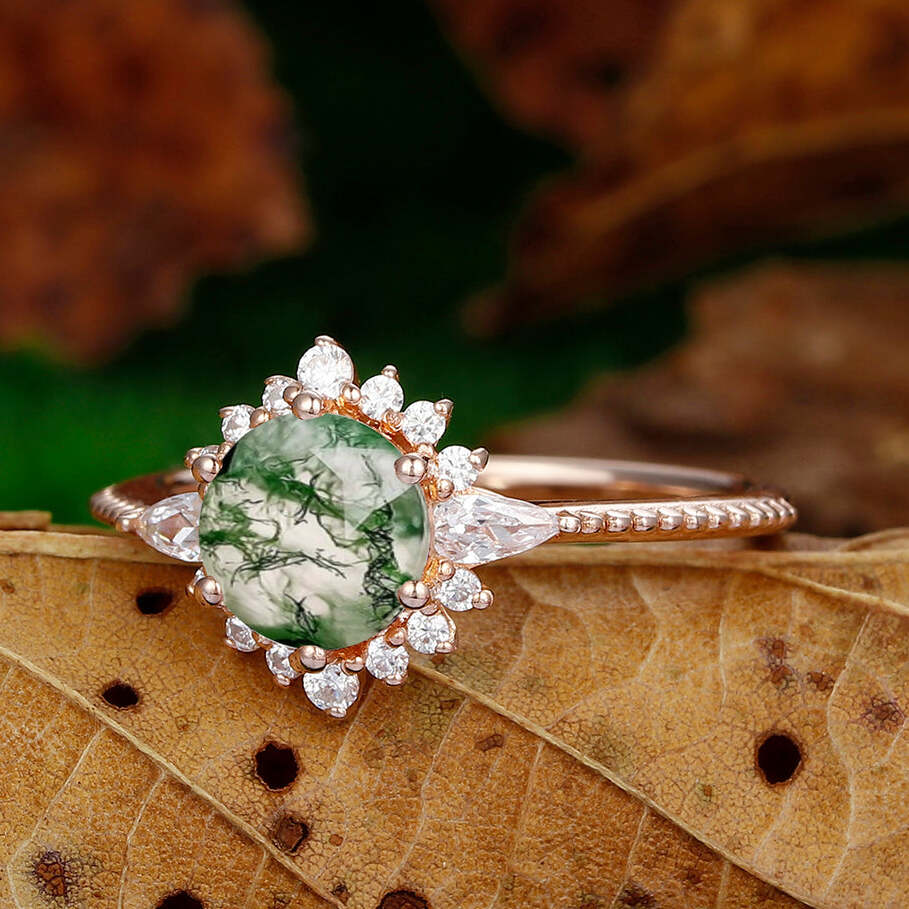 Dainty 7mm Round Shaped Natural Moss Agate Ring Sunbrust Ring Halo Moissanite Engagement Ring