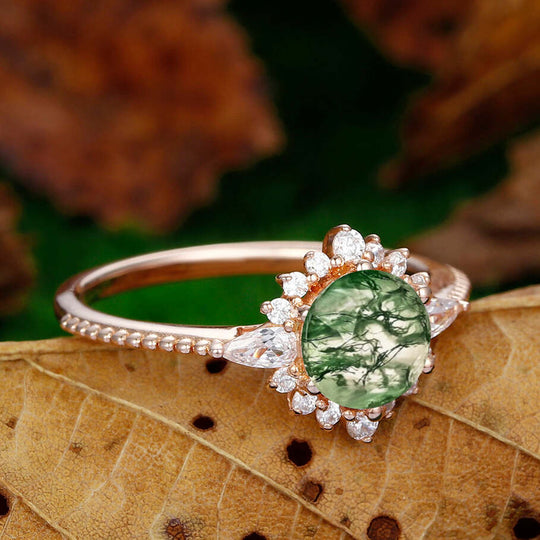 Dainty 7mm Round Shaped Natural Moss Agate Ring Sunbrust Ring Halo Moissanite Engagement Ring