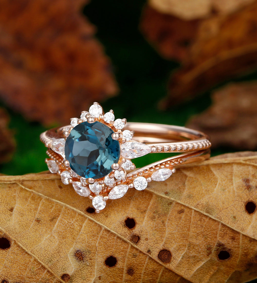 Natural London Blue Topaz Enagement Ring Dainty Round Shaped Blue Gemstone Promise Anniversary Ring
