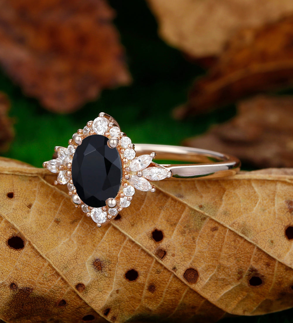 1.5CT Natural Black Onyx Engagement Ring Vintage 1.5CT Oval Shaped Onyx Wedding Ring