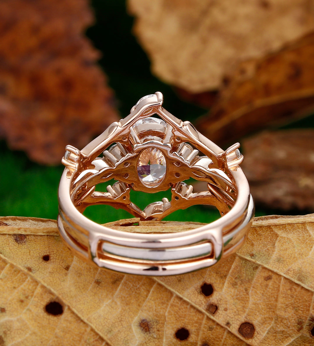 Unique 1.5Carat Oval Shaped Moissanite Cluster Engagement Ring Set 14k Rose Gold Nature Inspired Enhancer Branch Twigs Ring